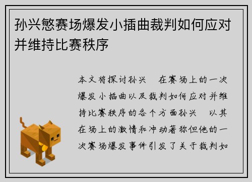 孙兴慜赛场爆发小插曲裁判如何应对并维持比赛秩序