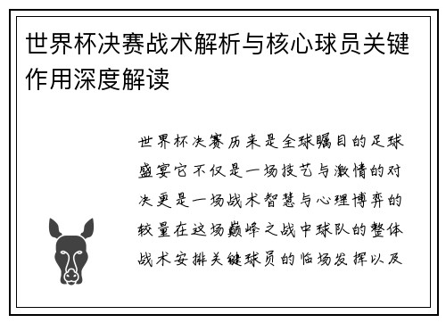 世界杯决赛战术解析与核心球员关键作用深度解读