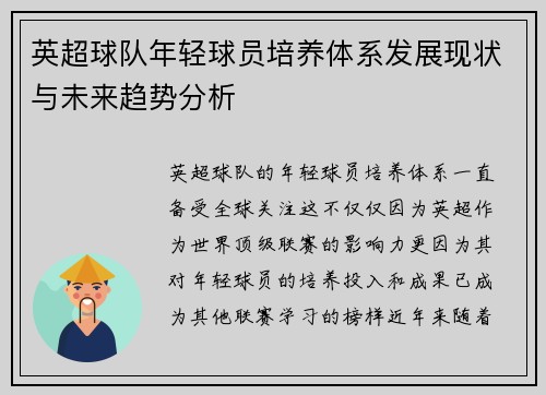 英超球队年轻球员培养体系发展现状与未来趋势分析